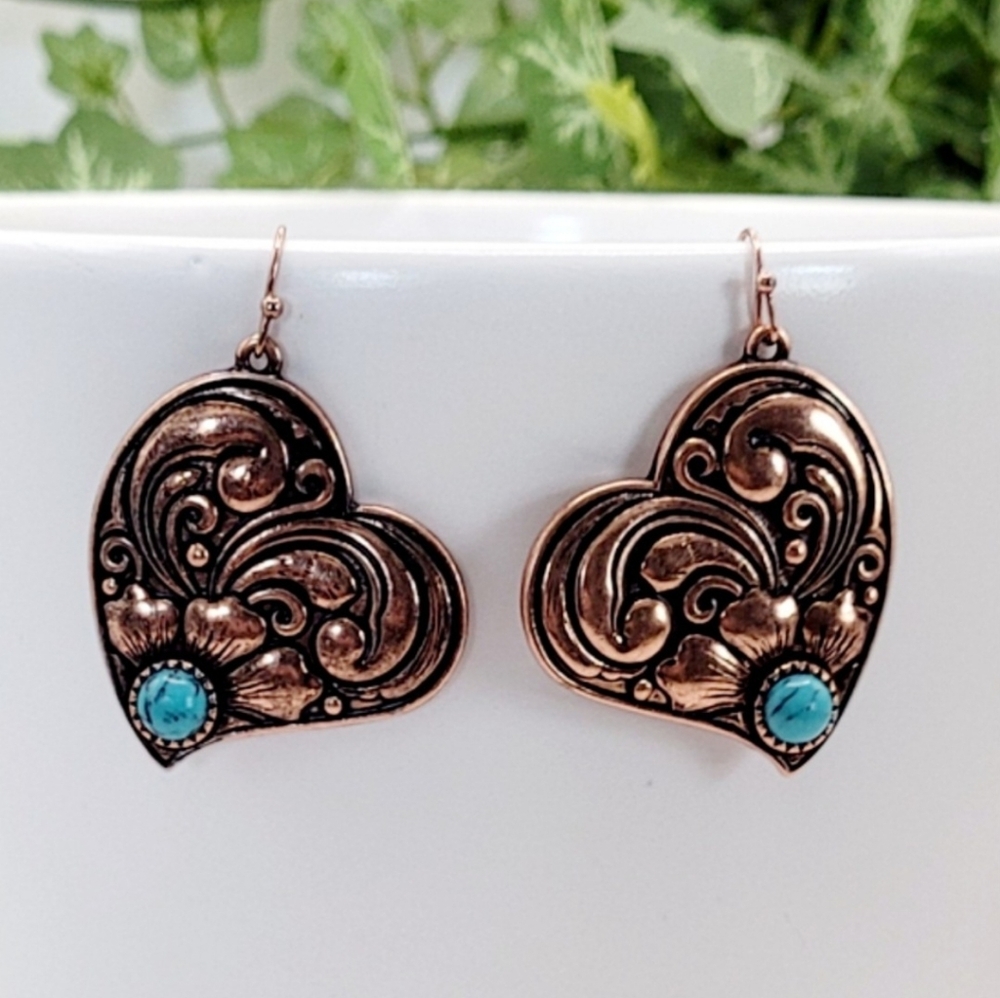 Detailed Copper And Turquoise Heart Earrings New